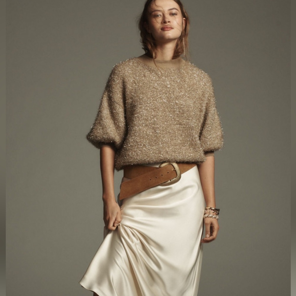 NWOT Anthropologie The Violette Short-Sleeve Tinsel Sweater by Maeve in honey M